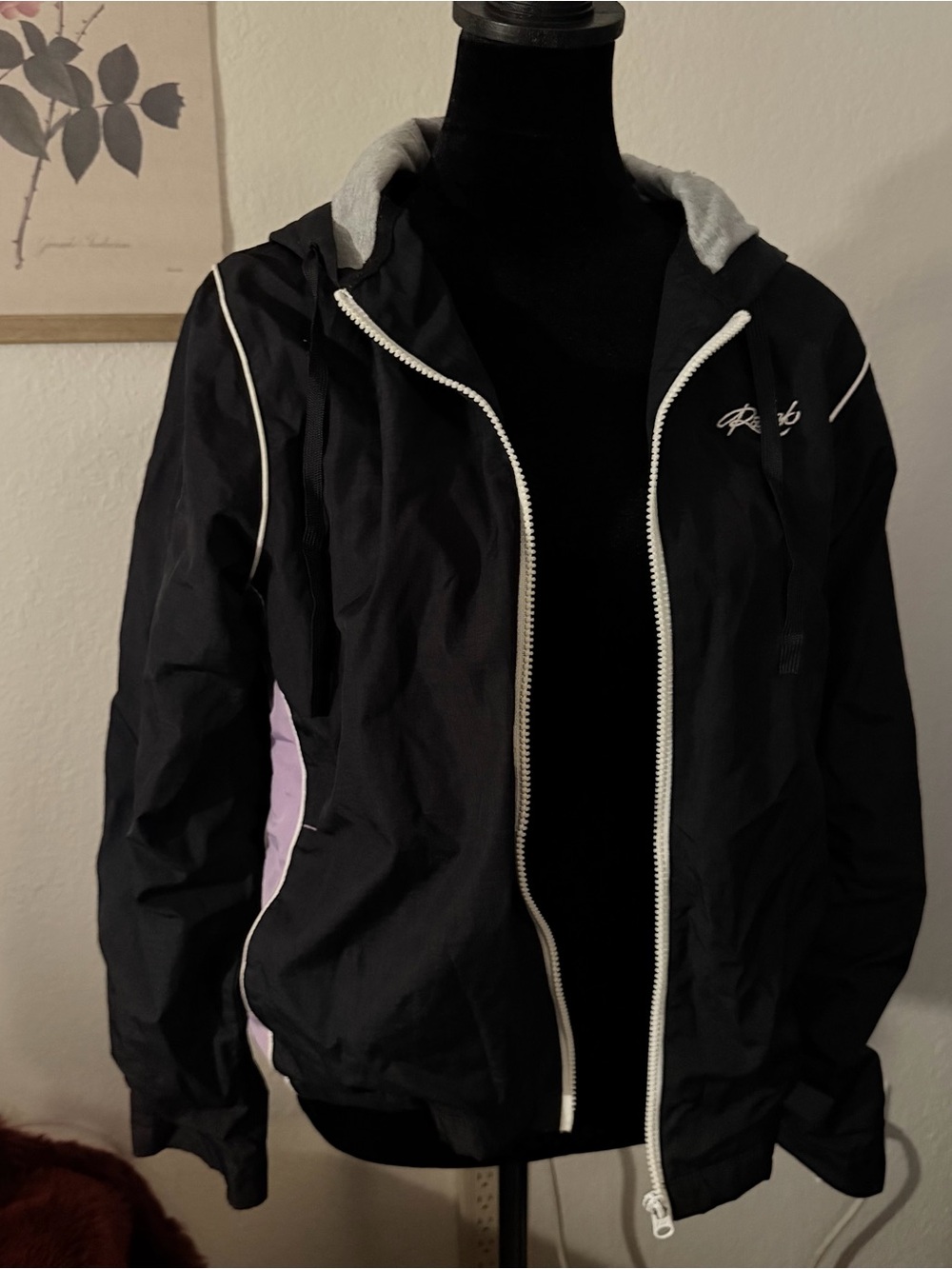 Vintage Reebok Black Hooded Windbreaker Jacket with White and Purple